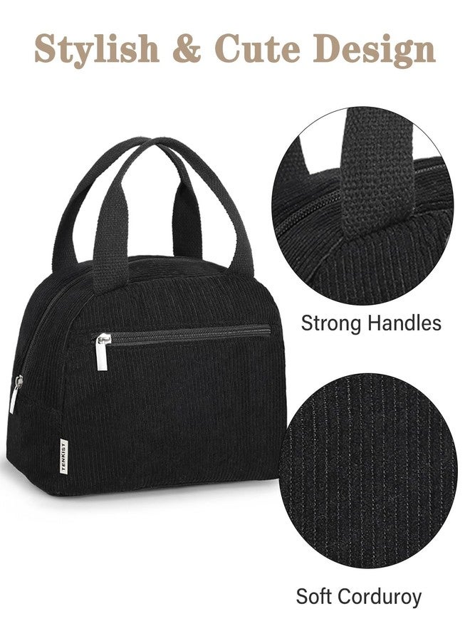 TENKIST Cute Lunch Box Tote Bag - Corduroy Insulated Cooler Bags for Women - Lightweight Reusable Portable Soft Lunch Pail Kit for Kids Teen Girl Adults Work School Picnic Travel Black 8L - Image 3