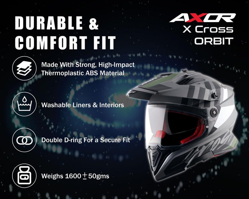 Axor X-Cross Orbit ISI ECE and DOT Certified Premium Off-Road Full Face Helmet with Pinlock Fitted Dual Visors and Stylish Peak-Dull Athena Grey Black-L - Image 3