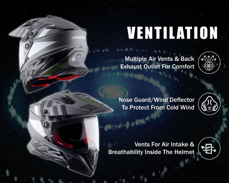 Axor X-Cross Orbit ISI ECE and DOT Certified Premium Off-Road Full Face Helmet with Pinlock Fitted Dual Visors and Stylish Peak-Dull Athena Grey Black-L - Image 5