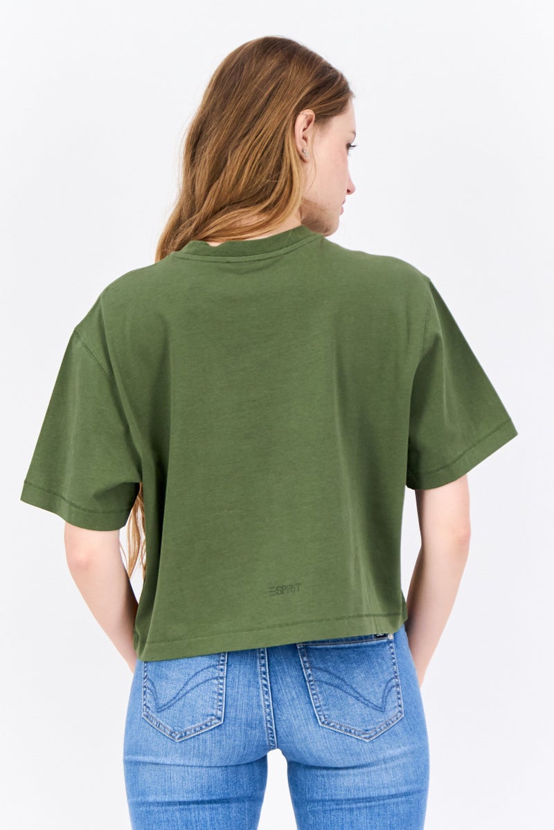 ESPRIT Women Oversized Crew Neck Short Sleeves Graphic Print Crop Top, Olive - Image 3
