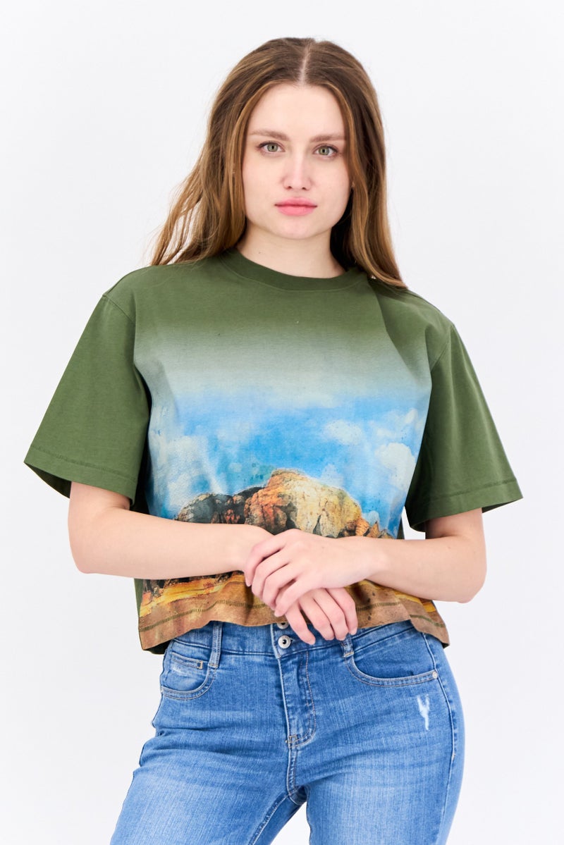 ESPRIT Women Oversized Crew Neck Short Sleeves Graphic Print Crop Top, Olive - Image 1