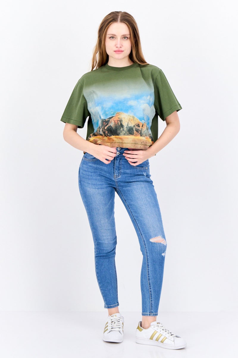 ESPRIT Women Oversized Crew Neck Short Sleeves Graphic Print Crop Top, Olive - Image 4