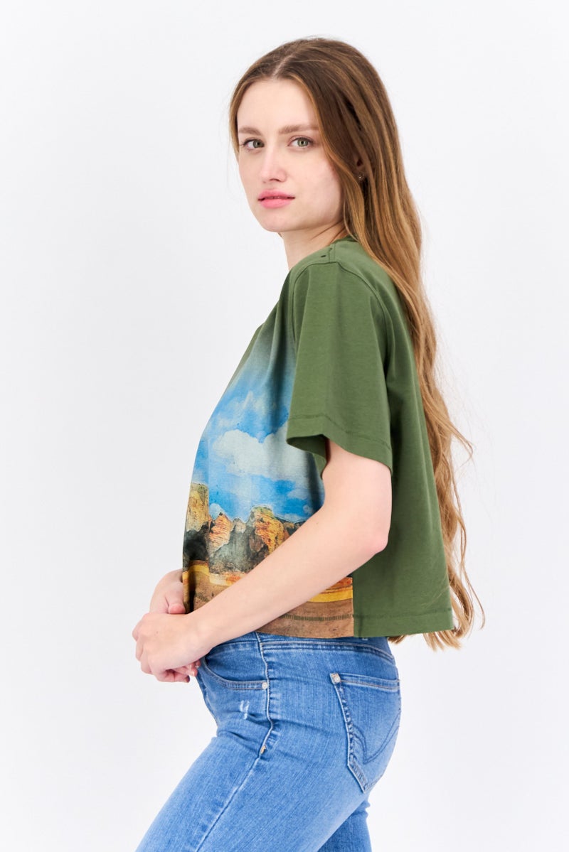 ESPRIT Women Oversized Crew Neck Short Sleeves Graphic Print Crop Top, Olive - Image 2