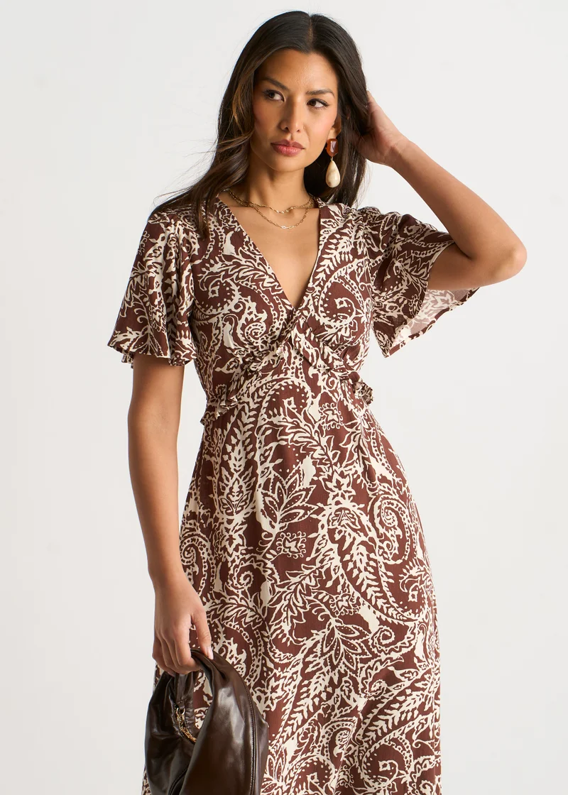 Gini London  Chocolate Paisley Print Ruffle Midi Dress for Women | Best Price UAE