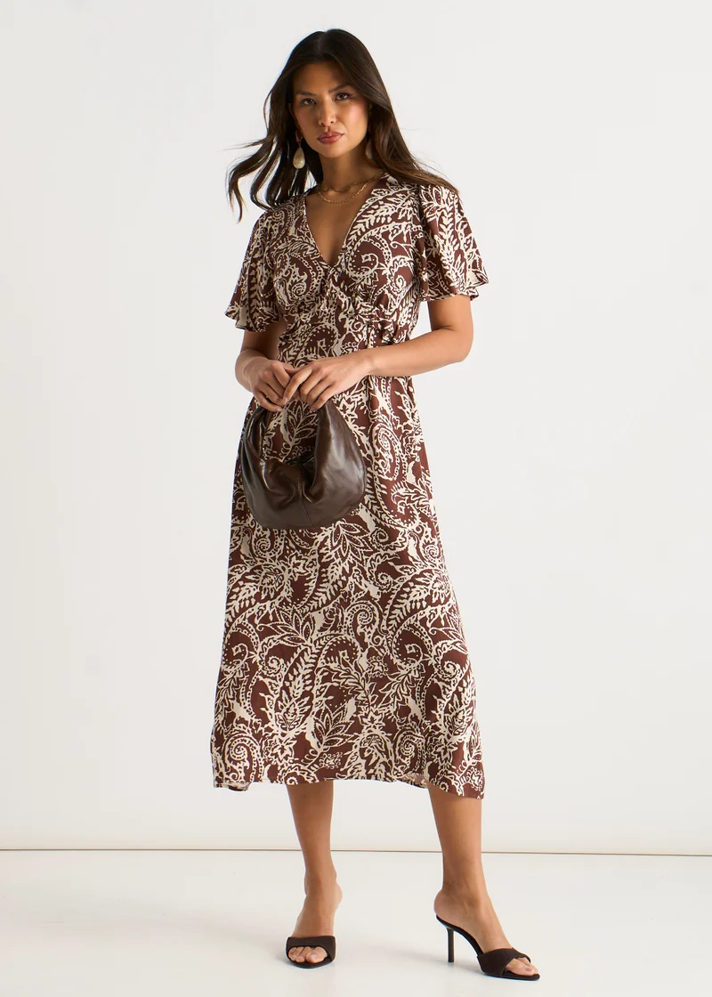 Gini London  Chocolate Paisley Print Ruffle Midi Dress for Women | Best Price UAE