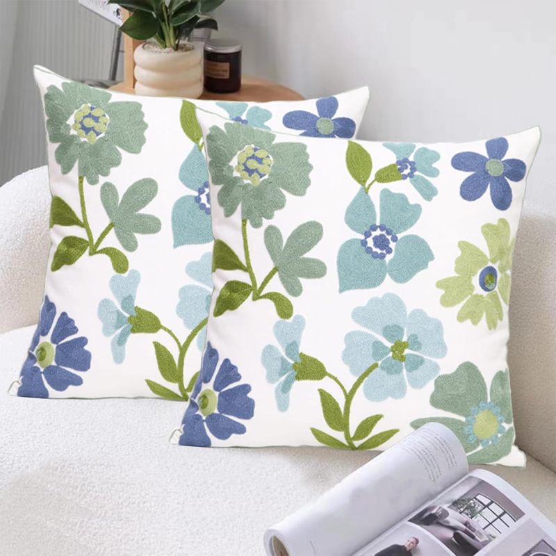 Embroidered Pillow Covers: Blue White - Floral Decorative Pillow Covers for Living Room Sofa Bed Home Decor - Image 2