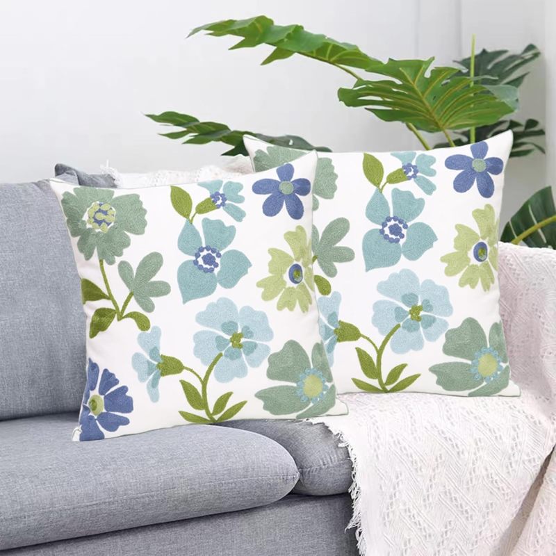 Embroidered Pillow Covers: Blue White - Floral Decorative Pillow Covers for Living Room Sofa Bed Home Decor - Image 3