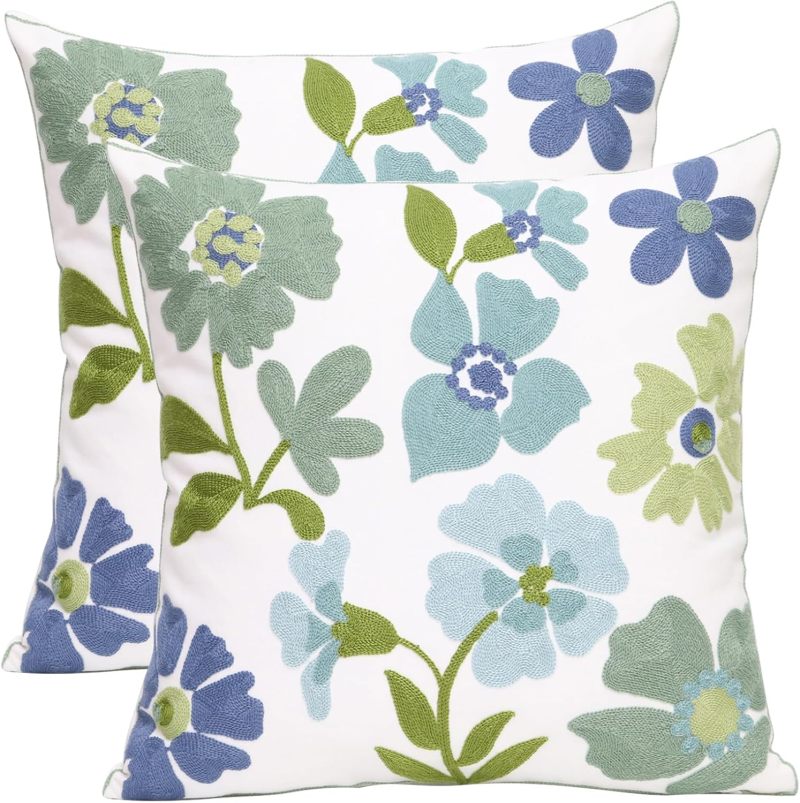 Embroidered Pillow Covers: Blue White - Floral Decorative Pillow Covers for Living Room Sofa Bed Home Decor - Image 1