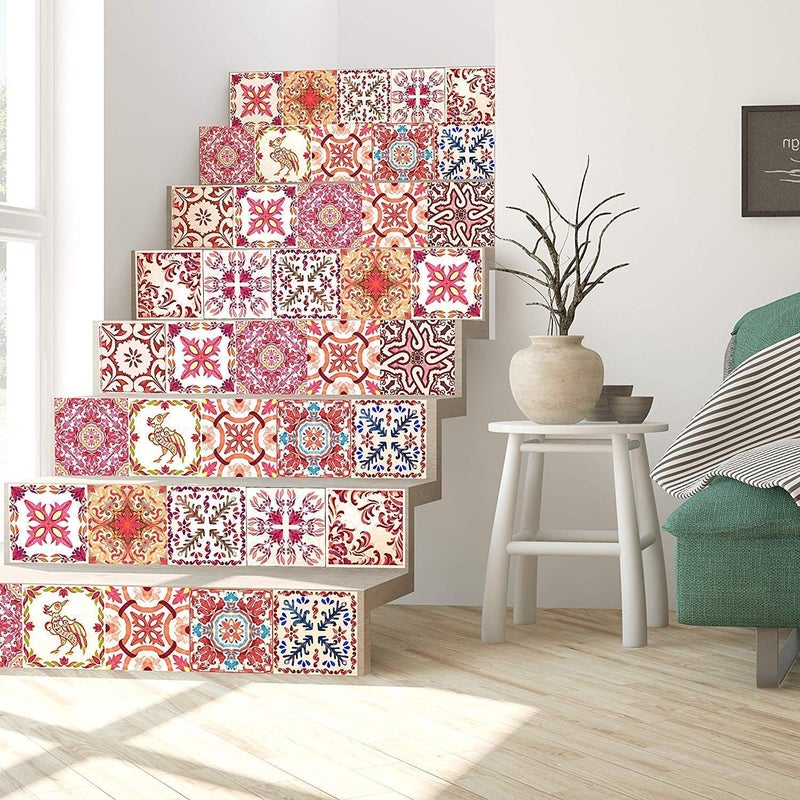 WALPLUS Pink Tile Stickers for Kitchen Peel and Stick Backsplash 15x15cm6 Removable Stick on Tiles for Bathroom Transfers Moroccan Self Adhesive Wall Stairs Home Renovation 24pcs