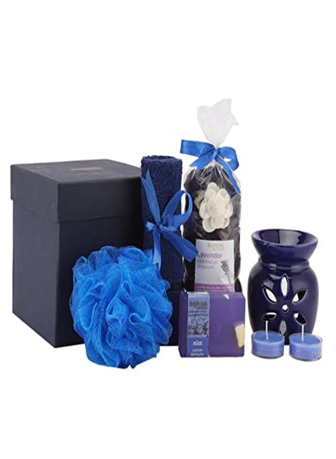 BodyHerbals Lavender Soap Spa Set - Stress Relief Bath & Body Care Kit (Lavender Bathing Bar 100Gms, Face Terry Towel, Aroma Diffuser, Lavender Potpourri, Bath Puff, 2 Tea Lites) Skin Care Set & Kits - Image 1