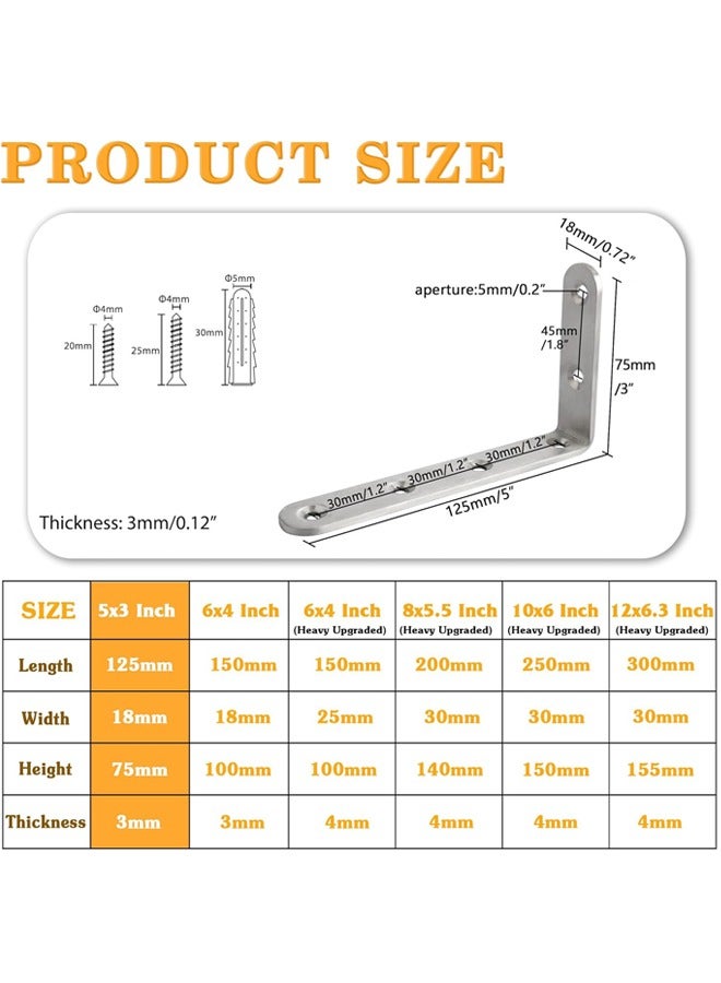 Brackets,White Bracket for Shelves Heavy Duty L Wall Bracket Corner Brace,Stainless Steel Joint Angle Bracket for Wooden Board Hanging Support,5x3 Inch(Pack of 4)  - Image 2