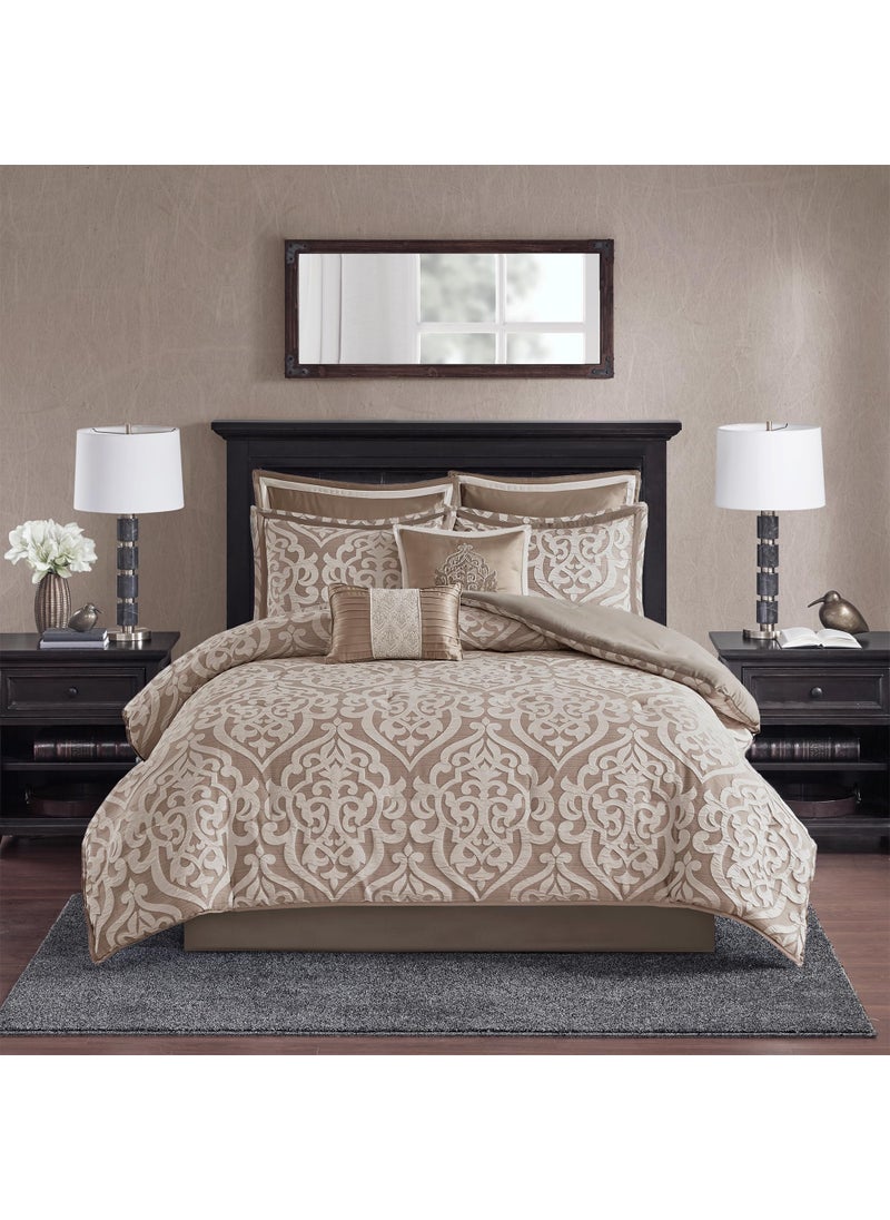 madison park Madison Park Odette Cozy Comforter Set Jacquard Damask Medallion Design  Modern All Season Down Alternative Bedding Shams Decorative Pillow King104 in x 92 in Tan 8 Piece 