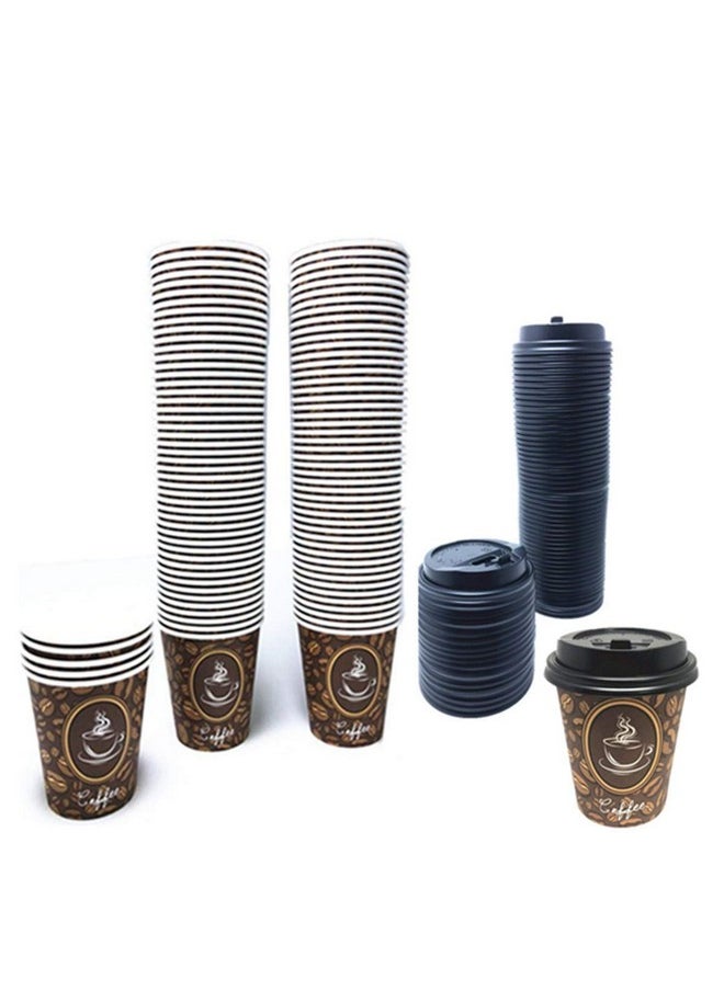 PAINISTIC 100 Pack Quality Disposable Paper Hot Coffee Cups with Lids, Perfect For Hot Drinks Tea & Coffee , Coffee Shops And Bars (8 oz, Coffee Bean Design)  - Image 1