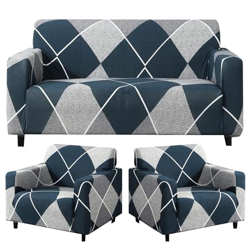 Furshine Sofa Cover 3 Seater and 2 Seater Fully Covered Universal 5 Seater Sofa Cover (3+1+1) | Non-Slip Sticky Elastic Stretchable, Imported Slipcover Protector (Blue Rhombus) - Image 1