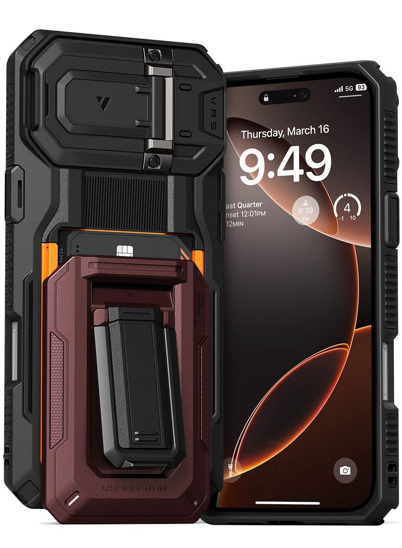 VRS Design D-Wallet Origin iPhone 16 PLUS Case Cover Wallet with Semi Automatic Credit Card Holder Slot [3 Cards] & Camera Lens Protector Kickstand - Metallic Red - Image 1