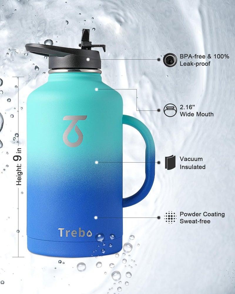 Trebo زجاجة ماء معزولة 2 لتر، زجاجة ماء تريبو من الفولاذ المقاوم للصدأ، زجاجة معدنية كبيرة بمقبض، فوهة واسعة، جدار مزدوج، زجاجة رياضية تحافظ على برودة الماء لمدة 48 ساعة، أزرق - Image 5