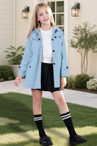 Betusline Girl's Trench Coat, Single Breasted Windbreaker Hoodie Jacket Dress Coat Outerwear for Girl,1# Light Blue,13-14 Years = Tag 170 - Image 2