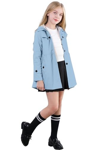 Betusline Girl's Trench Coat, Single Breasted Windbreaker Hoodie Jacket Dress Coat Outerwear for Girl,1# Light Blue,13-14 Years = Tag 170 - Image 3