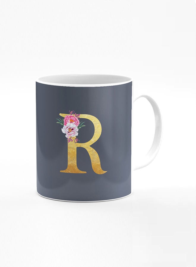 Stylizedd Designer Printed Coffee Mug 11oz Ceramic Personalised Gift Mugs Cup -Custom Monogram Initial Letter Floral Pattern Alphabet - R (Bright Grey) - Image 1
