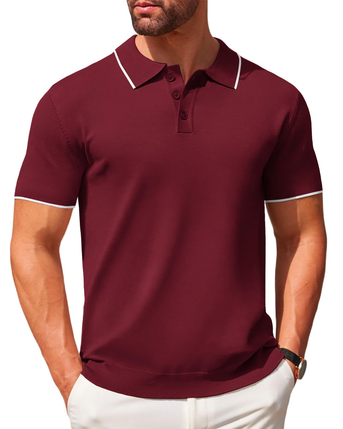 COOFANDY Men's Casual Polo Shirt Short Sleeve Knit Vintage Golf Shirt Striped Lightweight Classic Fit Shirts