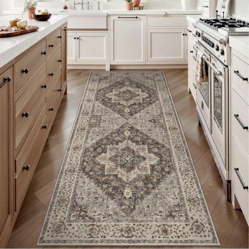 Tangsoo 2x6 Washable Runner Rug for Hallways Non Slip Vintage Runner Soft Low Pile Long Rug Runner Print Distressed BrownGrey Carpet Runners for Kitchen Bedroom Entryway Bathroom Living Room