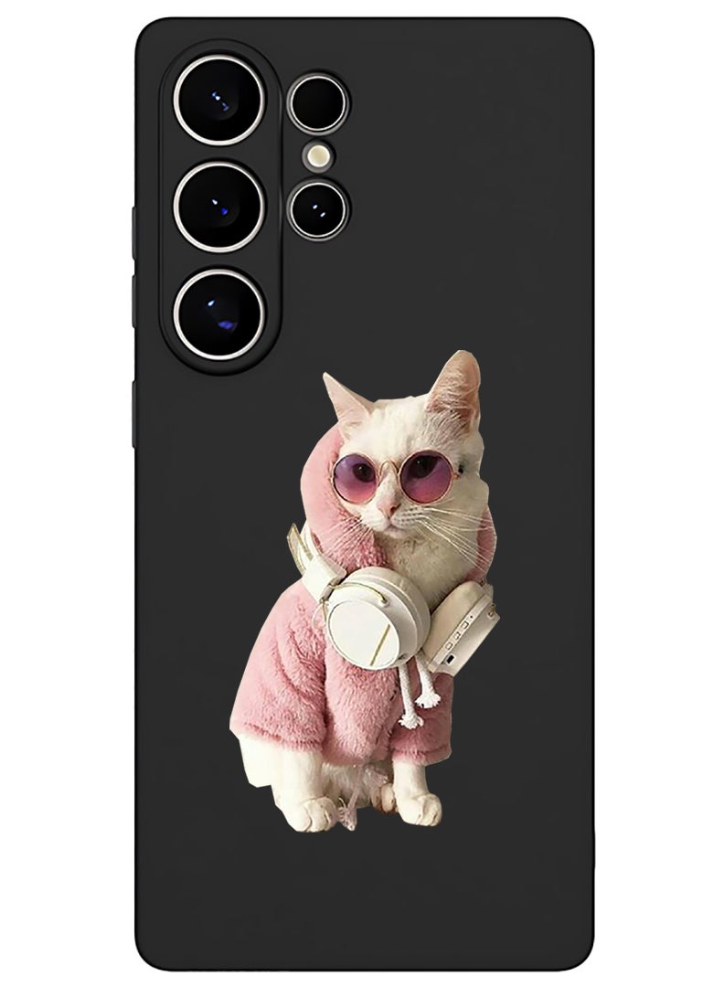 Theodor Protective Slim Fit Case Liquid Silicone Cover with Full Body Protection Anti-Scratch Shockproof Case For Samsung Galaxy S25 Ultra (Black) - White Cat - Image 1
