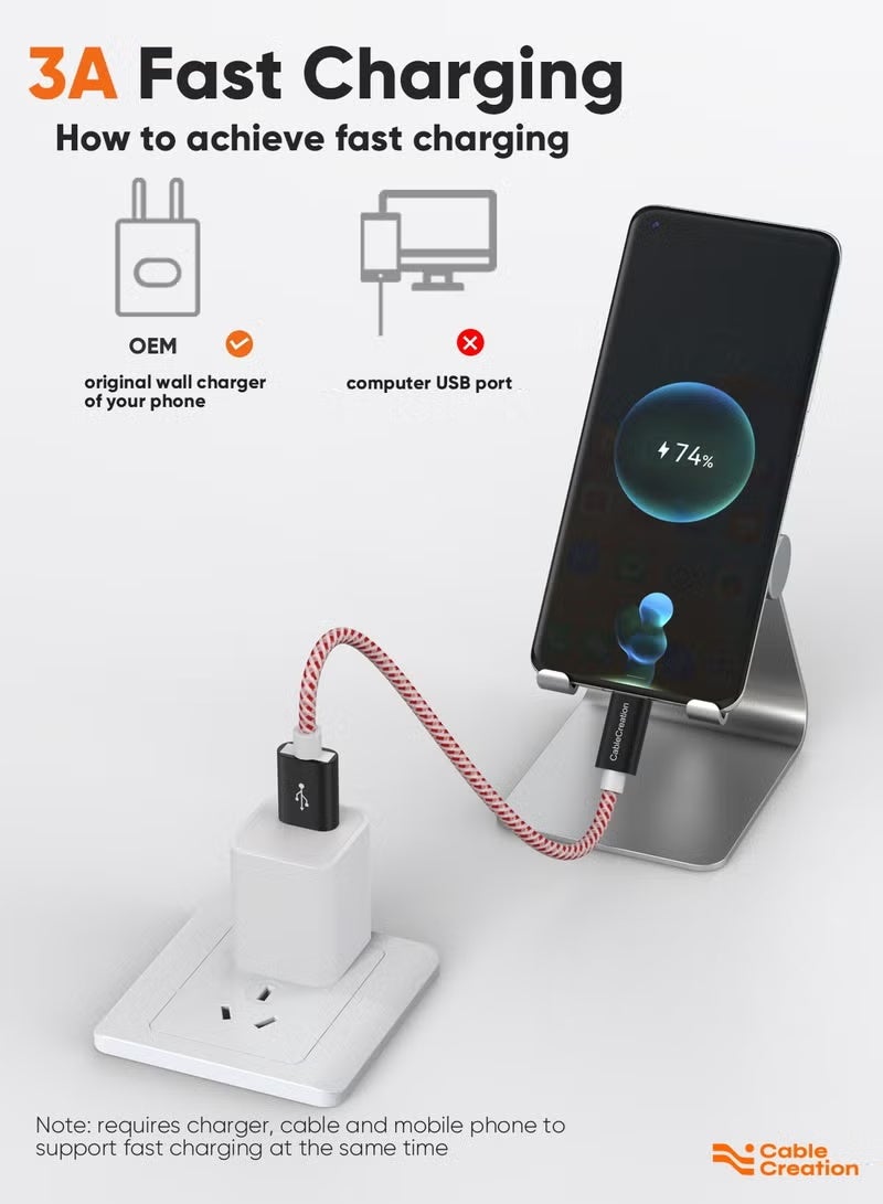 كابل كرييشن كابل بيانات قصير من USB إلى C بطول 0.8 قدم، شحن سريع 3 أمبير، كابل بيانات USB C مضفر ذكر، مناسب لباور بانك، وجالاكسي S23 S22، وآيباد برو وآيباد ميني، إلخ، كابل أحمر وأبيض - Image 3