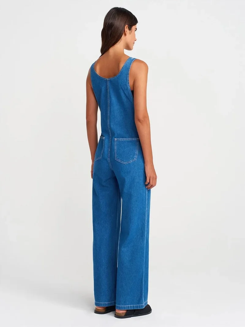 ديلفين DILVIN Cotton Denim Wide-Leg Jumpsuit