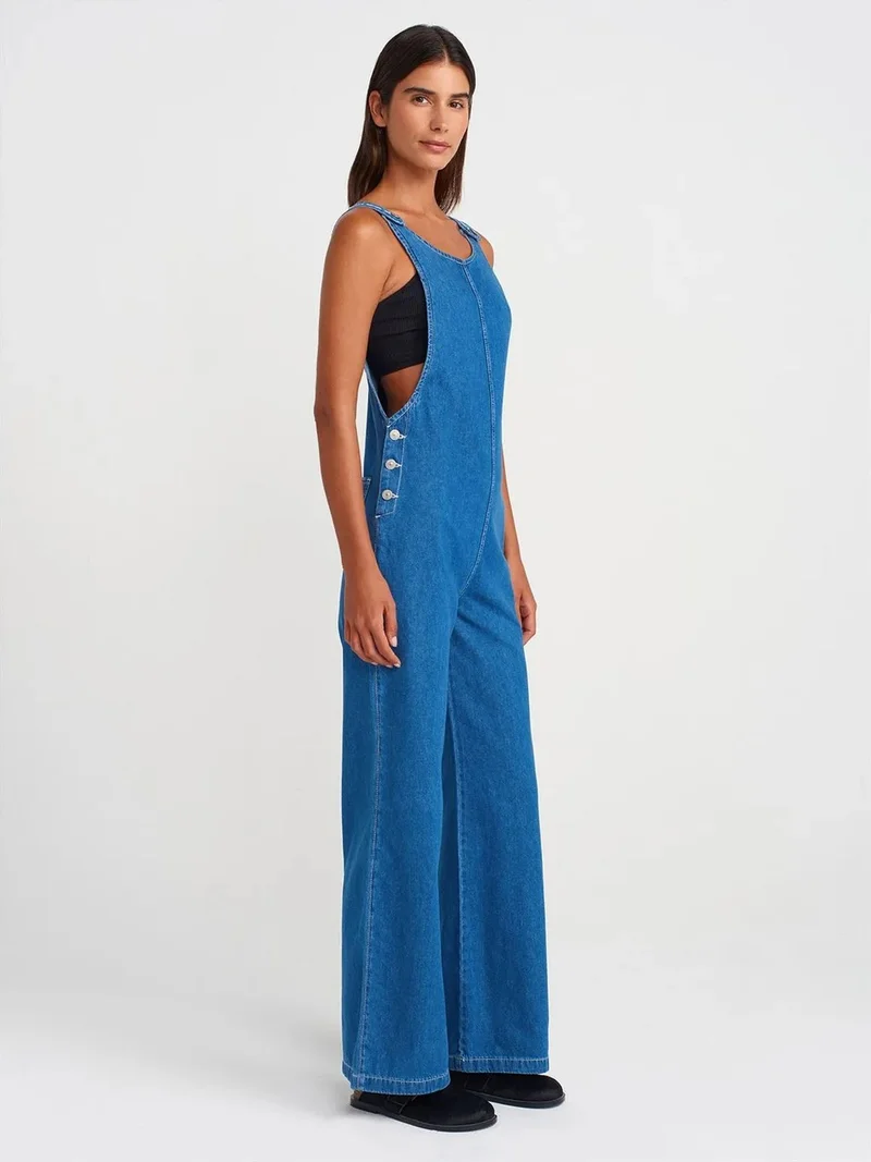 ديلفين DILVIN Cotton Denim Wide-Leg Jumpsuit