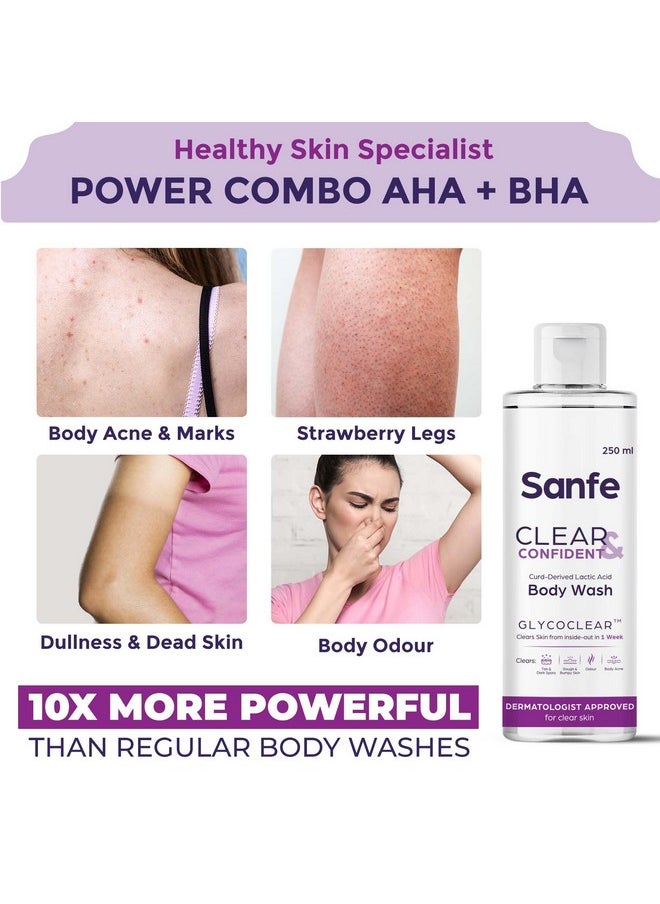 سانفي - غسول الجسم Clear & Confident بحمض الجليكوليك | تقشير AHA للبشرة الخشنة والمتشققة والسُمرة وحب الشباب وبشرة الفراولة | بشرة ناعمة من الاستخدام الأول | جل استحمام يومي 250 مل - Image 1
