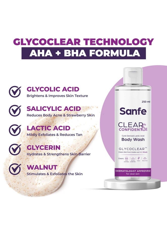 سانفي - غسول الجسم Clear & Confident بحمض الجليكوليك | تقشير AHA للبشرة الخشنة والمتشققة والسُمرة وحب الشباب وبشرة الفراولة | بشرة ناعمة من الاستخدام الأول | جل استحمام يومي 250 مل - Image 1