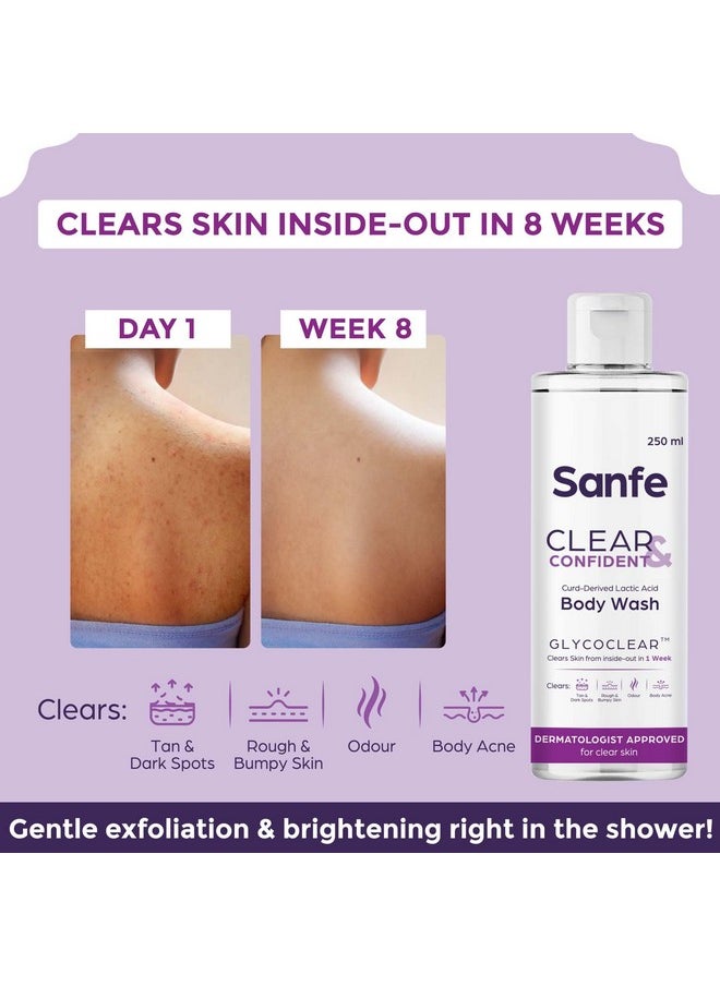سانفي - غسول الجسم Clear & Confident بحمض الجليكوليك | تقشير AHA للبشرة الخشنة والمتشققة والسُمرة وحب الشباب وبشرة الفراولة | بشرة ناعمة من الاستخدام الأول | جل استحمام يومي 250 مل - Image 1