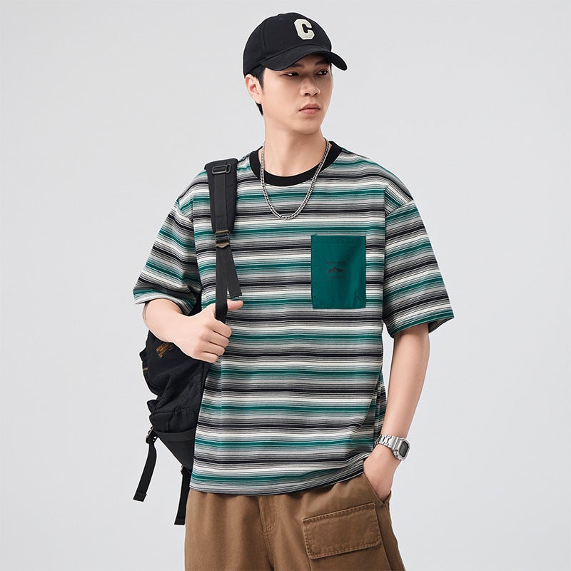 Export Striped Short-Sleeved T-Shirt For Boys Summer Thin Breathable Contrasting Color Trendy T-Shirt Loose - Image 1