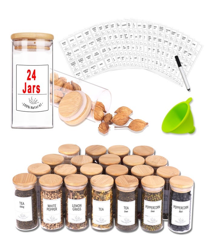 24 GLASS SPICE JARS WITH BAMBOO AIRTIGHT LIDS 400 SPICE LABELS FUNNEL AND CHALK MARKER SET SPICE CONTAINERS 4 OZ GLASS STORAGE JARS