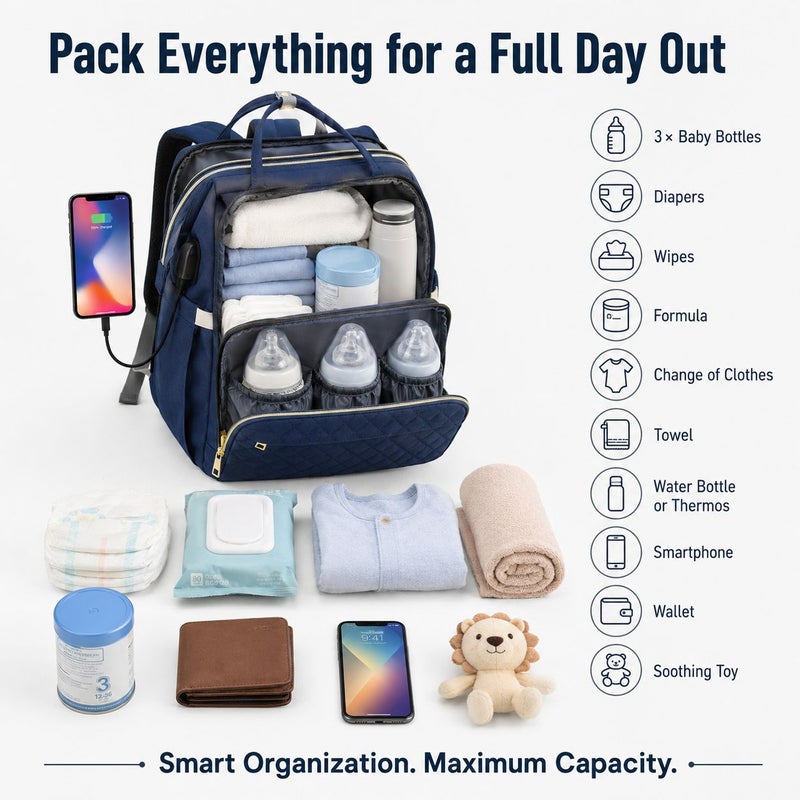 GroveMade Baby Diaper Bag Backpack - Blue, Multifunction Diapers Changing Station for Boys Girls, Spacious 46x36x9 cm, 15 kg Capacity, USB Port, Travel Friendly - Image 3