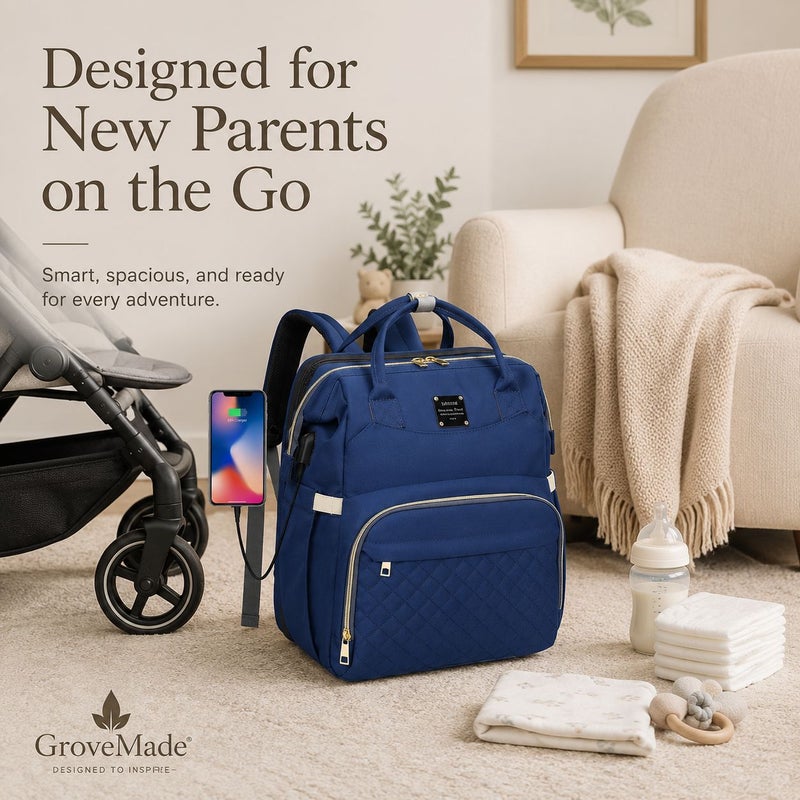 GroveMade Baby Diaper Bag Backpack - Blue, Multifunction Diapers Changing Station for Boys Girls, Spacious 46x36x9 cm, 15 kg Capacity, USB Port, Travel Friendly - Image 1