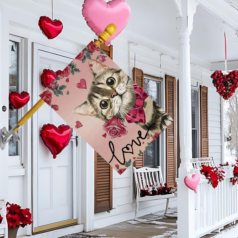 ZAEW Valentineâ€™s Day Romantic Roses Love Hearts Cat Garden Flag Yard Flag 12x18 Inch Double Sided Small Mini Yard Outdoor Outside Holiday Decoration - Image 3