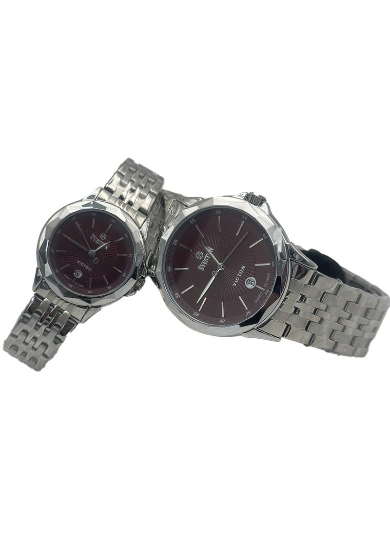 Sveston - Couple Set Silver Stainless Steel Quartz Watch SV 7465 - Image 1