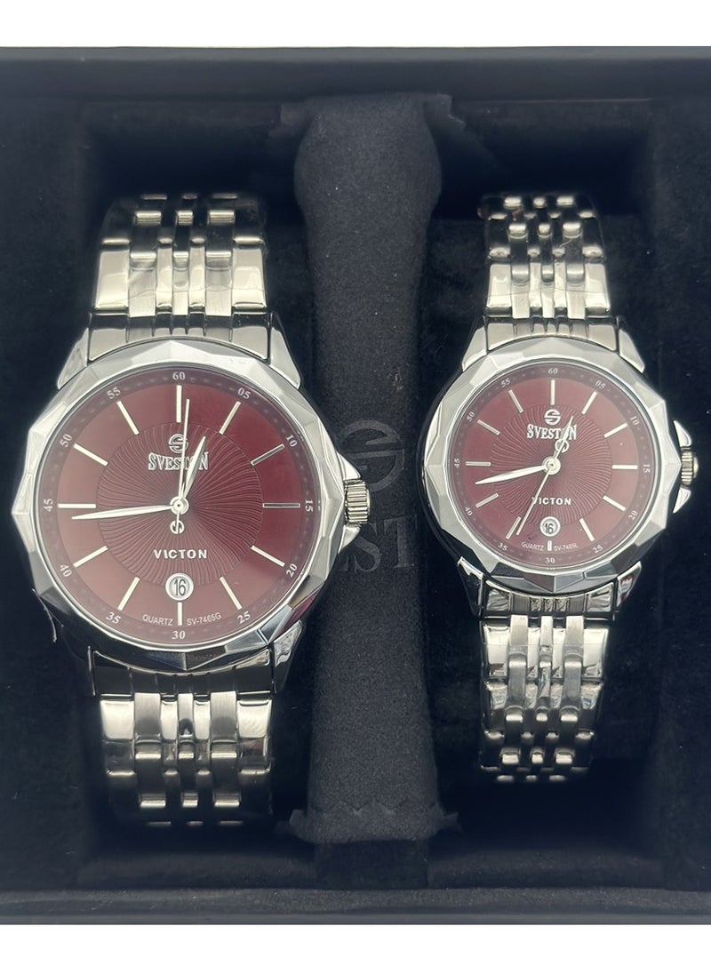 Sveston - Couple Set Silver Stainless Steel Quartz Watch SV 7465 - Image 1
