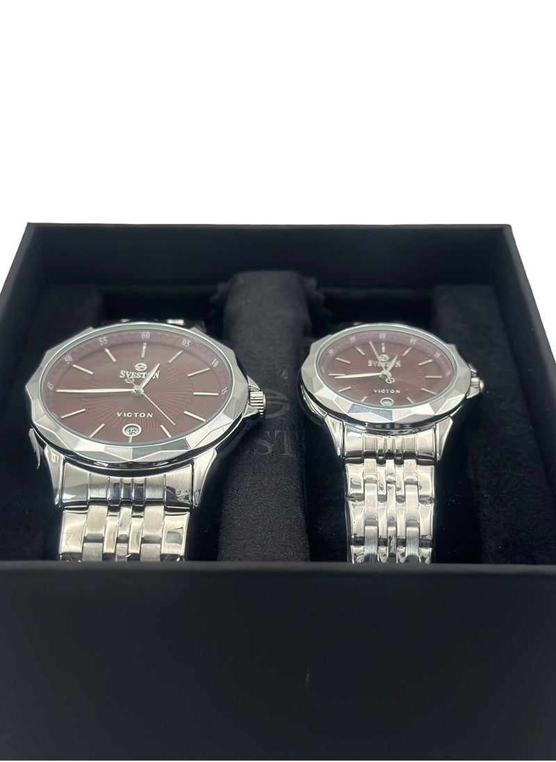 Sveston - Couple Set Silver Stainless Steel Quartz Watch SV 7465 - Image 1