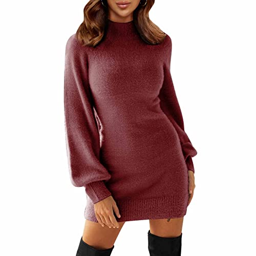 EXLURA Women's 2025 Mock Neck Ribbed Long Sleeve Bodycon Pullover Cute Mini Sweater Dress - Image 1