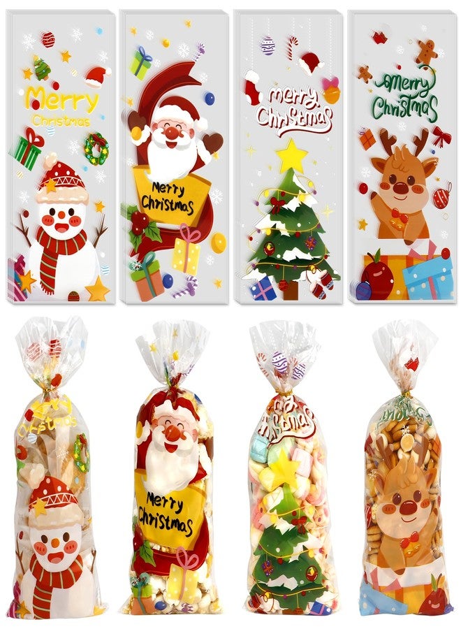 QIHOMPIB 100 PCS Christmas Cellophane Treat Bags(5x11 Inch with Tie, Plastic Christmas Bags for Candy Goodie Goody Cookie Gift Wrap Xmas Santa Pouches Frozen Winter Holiday Party Favors Supplies Decorations - Image 1