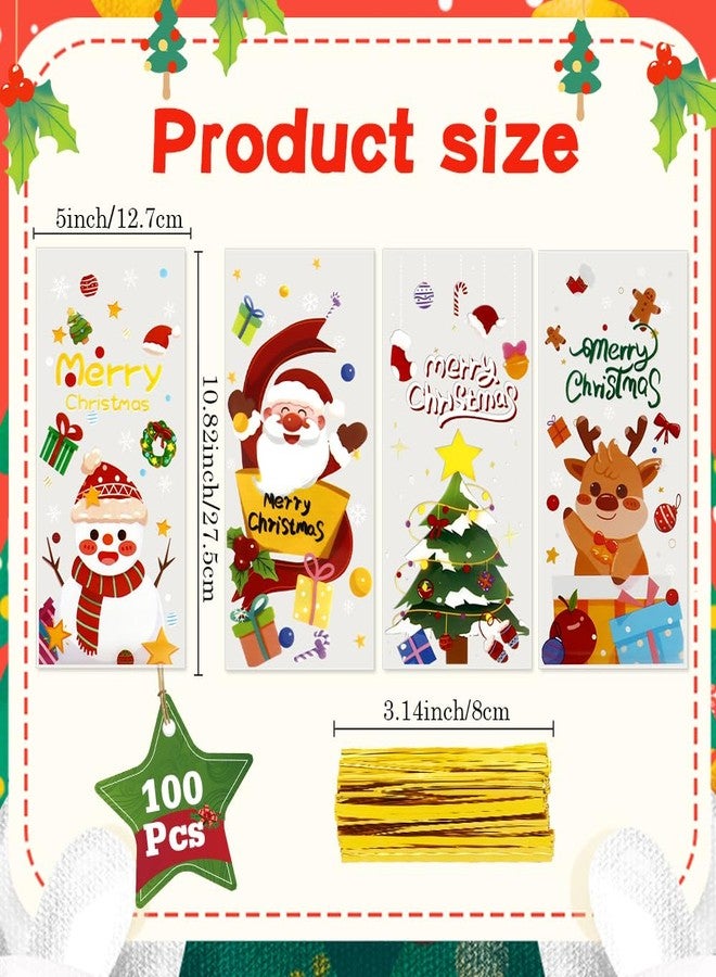 QIHOMPIB 100 PCS Christmas Cellophane Treat Bags(5x11 Inch with Tie, Plastic Christmas Bags for Candy Goodie Goody Cookie Gift Wrap Xmas Santa Pouches Frozen Winter Holiday Party Favors Supplies Decorations - Image 2