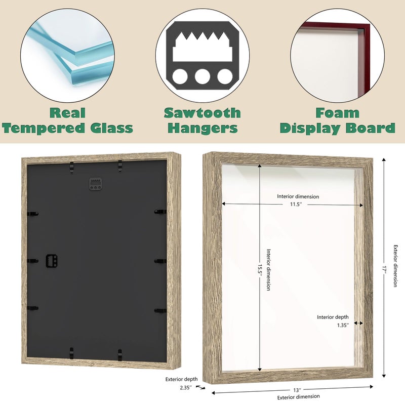 FrameWorks 12x16 Driftwood Wooden Shadow Box Frame - Soft Felt Back  Tempered Glass  and Included Elegant White Ball Push Pins - Image 3