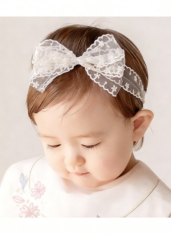 هابي دي عصابة رأس للأطفال البنات بفُيونكة ودانتيل، عصابة شعر ناعمة وردية لطيفة مع عقدة فراشة بيضاء للمواليد والرضع والأطفال لمناسبات المعمودية والحفلات وإكسسوارات الشعر - Image 1