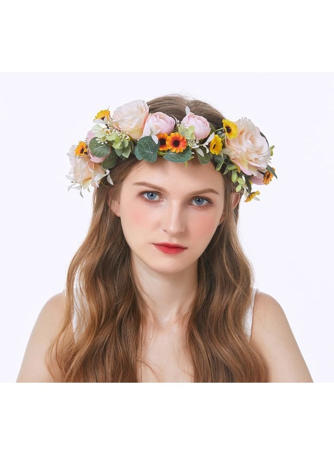LLinfflr Women Floral Crown Rose Floral Headband Hair Wreath Flower Headpiece Halo Boho Party Prom Wedding Photos Pink - Image 2