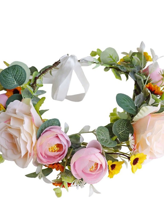 LLinfflr Women Floral Crown Rose Floral Headband Hair Wreath Flower Headpiece Halo Boho Party Prom Wedding Photos Pink - Image 1