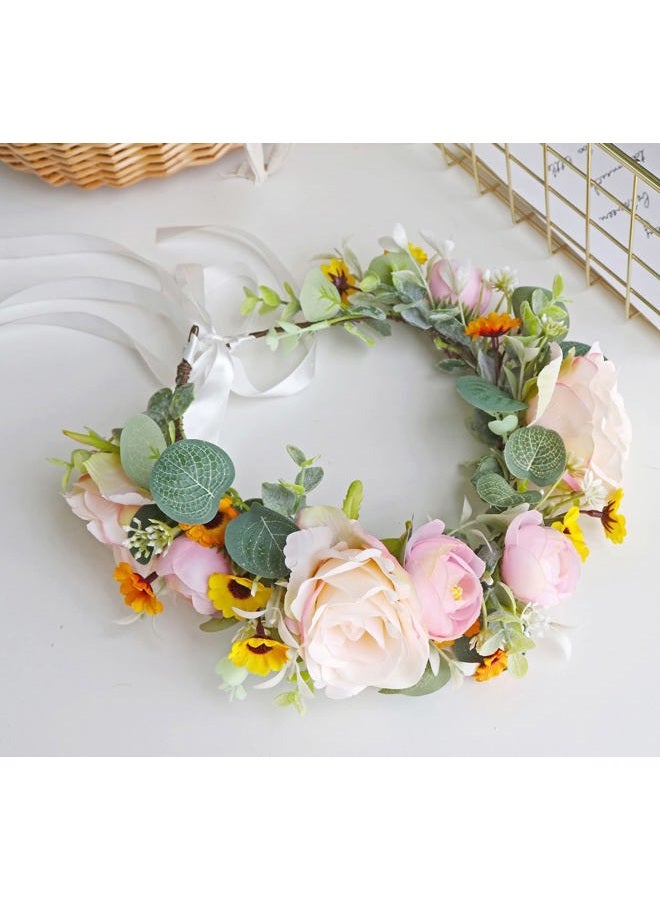LLinfflr Women Floral Crown Rose Floral Headband Hair Wreath Flower Headpiece Halo Boho Party Prom Wedding Photos Pink - Image 3