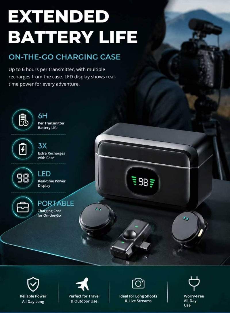 ستيلكور ميكروفون لاسلكي صغير الحجم لأجهزة iPhone/Android مزود بمنفذ USB-C (2 TX + 1 RX + محول Apple + علبة شحن) مع خاصية إلغاء الضوضاء وبطارية تدوم طويلاً لإجراء المقابلات وبث الفيديو وتسجيله. - Image 4