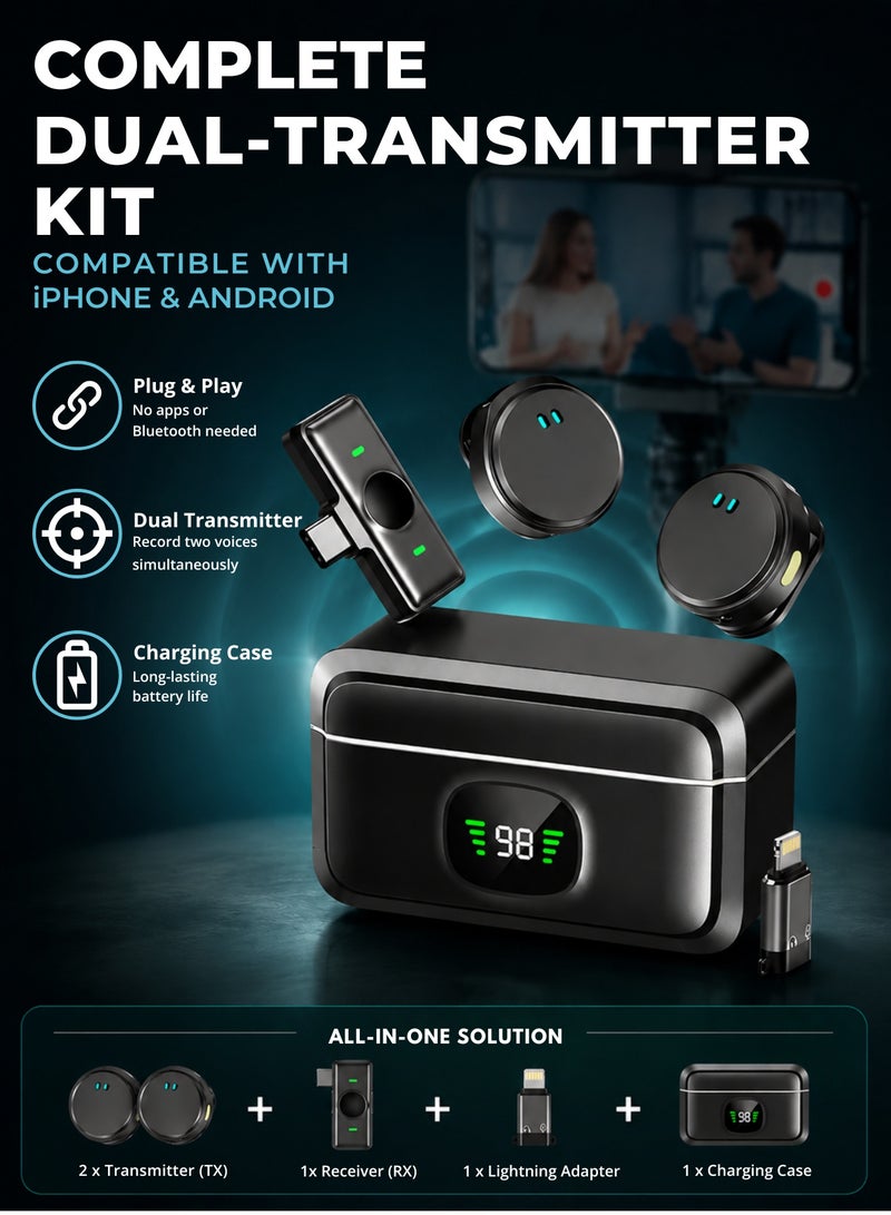 ستيلكور ميكروفون لاسلكي صغير الحجم لأجهزة iPhone/Android مزود بمنفذ USB-C (2 TX + 1 RX + محول Apple + علبة شحن) مع خاصية إلغاء الضوضاء وبطارية تدوم طويلاً لإجراء المقابلات وبث الفيديو وتسجيله. - Image 5